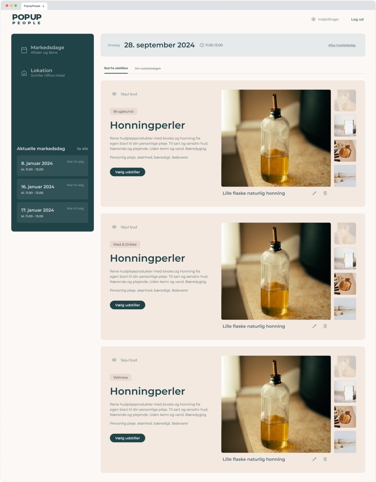 Market-day detail management page for locations showing date header with cancel action, and two tabs for vendor bids and event details.